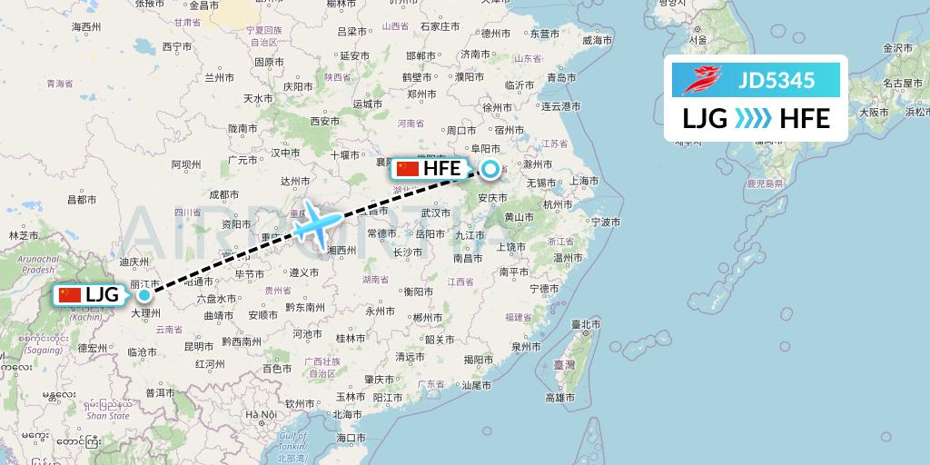 JD5345 Capital Airlines Flight Map: Lijiang to Hefei