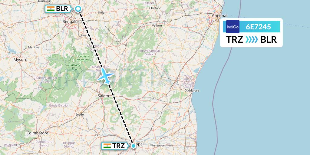 6E7245 IndiGo Airlines Flight Map: Tiruchirapalli to Bangalore