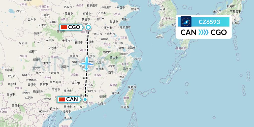 CZ6593 China Southern Airlines Flight Map: Guangzhou to Zhengzhou