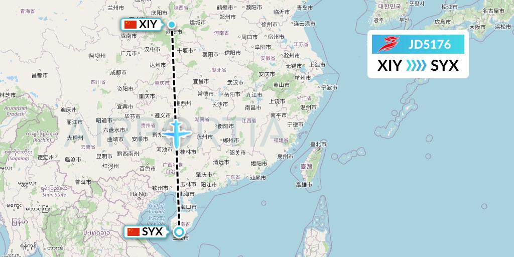 JD5176 Capital Airlines Flight Map: Xi'an to Sanya