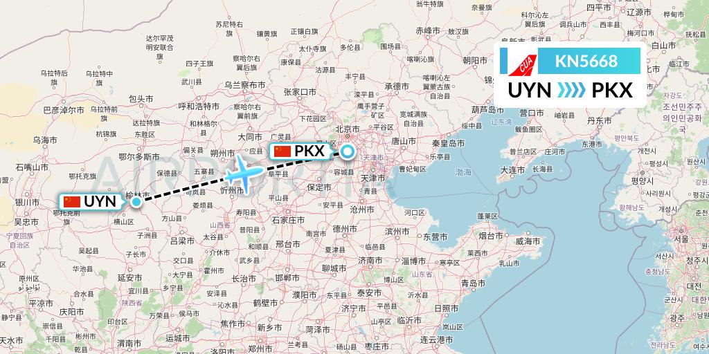 KN5668 China United Airlines Flight Map: Yulin to Beijing