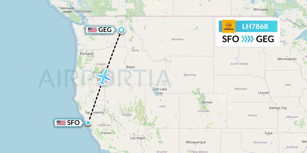 LH7868 Lufthansa Flight Map: San Francisco to Spokane