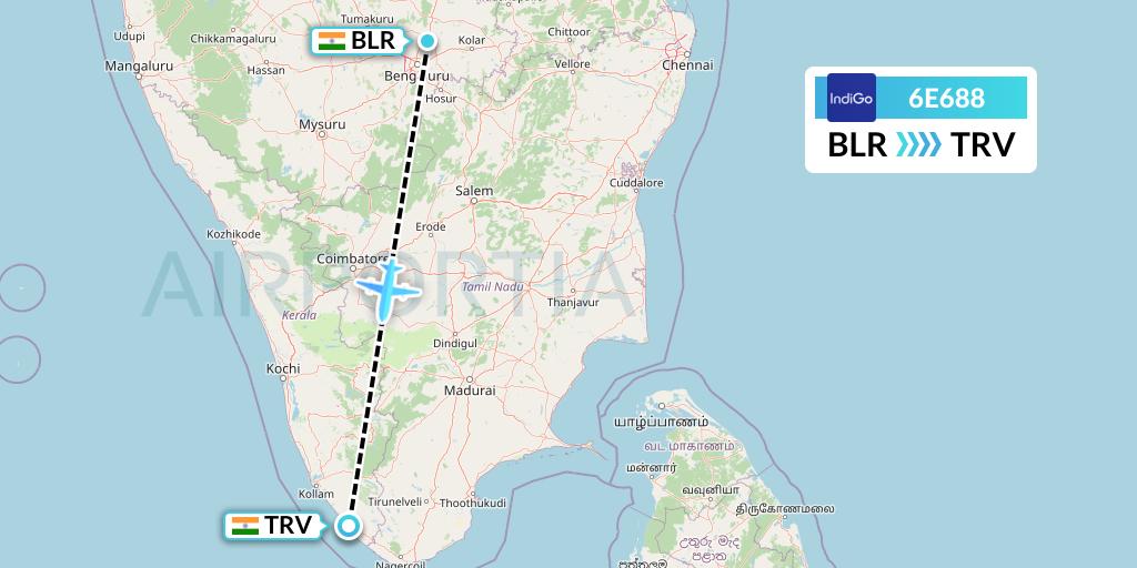 6E688 IndiGo Airlines Flight Map: Bangalore to Thiruvananthapuram