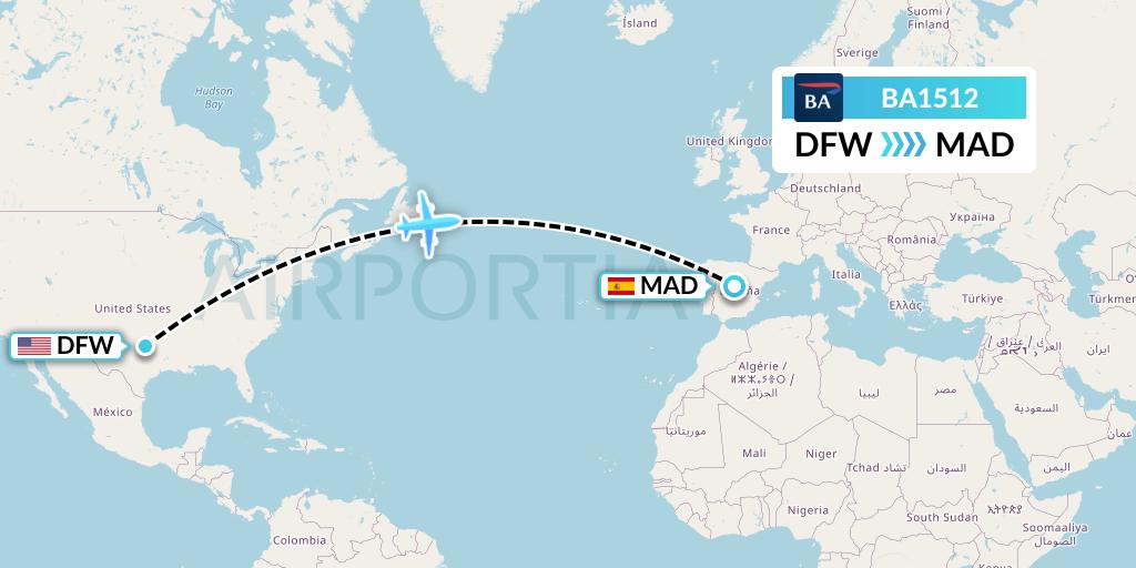 BA1512 British Airways Flight Map: Dallas to Madrid