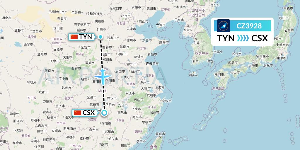 CZ3928 China Southern Airlines Flight Map: Taiyuan to Changsha