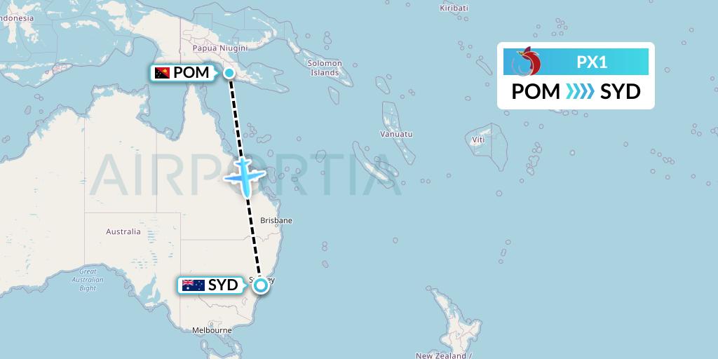 PX1 Air Niugini Flight Map: Port Moresby to Sydney