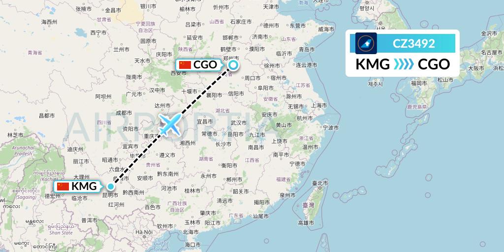 CZ3492 China Southern Airlines Flight Map: Kunming to Zhengzhou