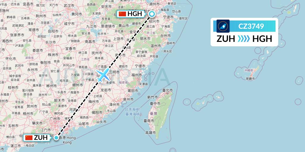 CZ3749 China Southern Airlines Flight Map: Zhuhai to Hangzhou