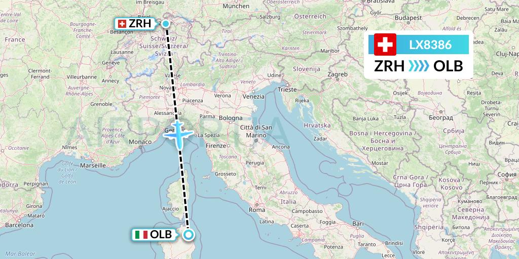 LX8386 Swiss Flight Map: Zurich to Olbia
