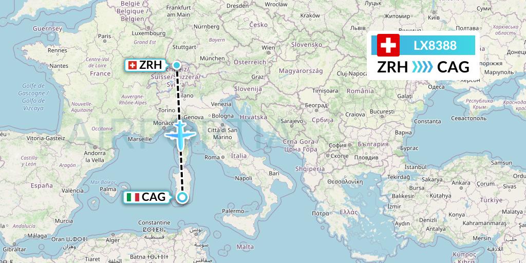 LX8388 Swiss Flight Map: Zurich to Cagliari