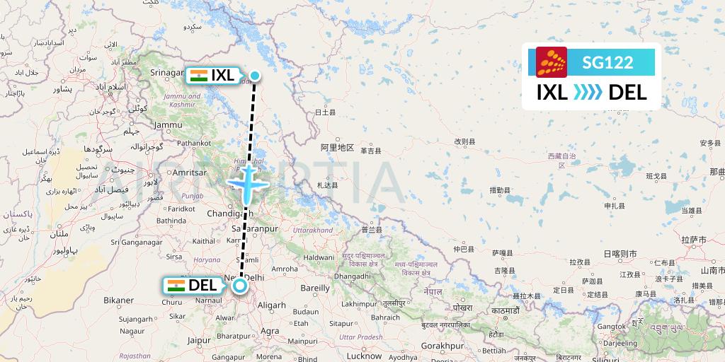 SG122 SpiceJet Flight Map: Leh to Delhi