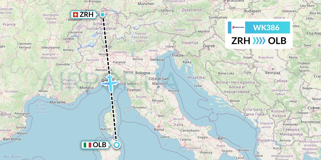WK386 Edelweiss Air Flight Map: Zurich to Olbia