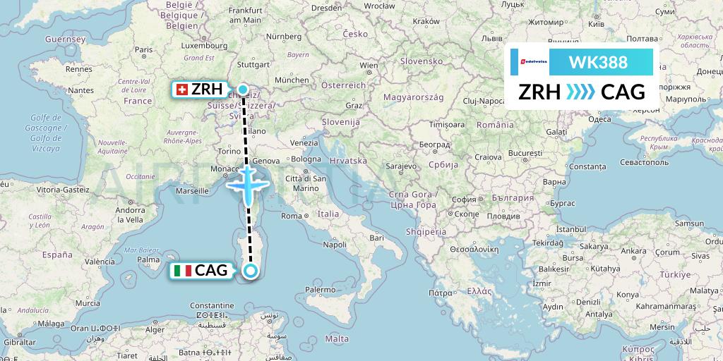 WK388 Edelweiss Air Flight Map: Zurich to Cagliari