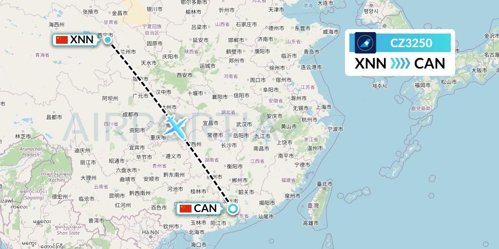 CZ3250 China Southern Airlines Flight Map: Xining to Guangzhou
