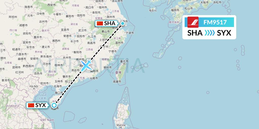 FM9517 Shanghai Airlines Flight Map: Shanghai to Sanya