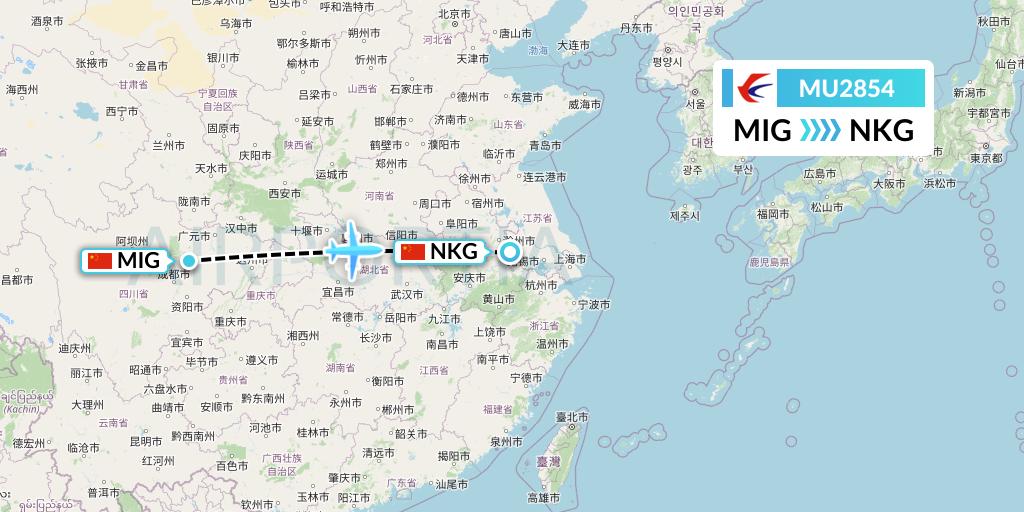MU2854 China Eastern Airlines Flight Map: Mianyang to Nanjing