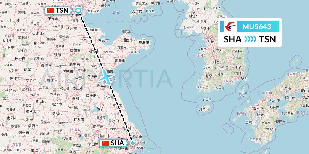 MU5643 China Eastern Airlines Flight Map: Shanghai to Tianjin