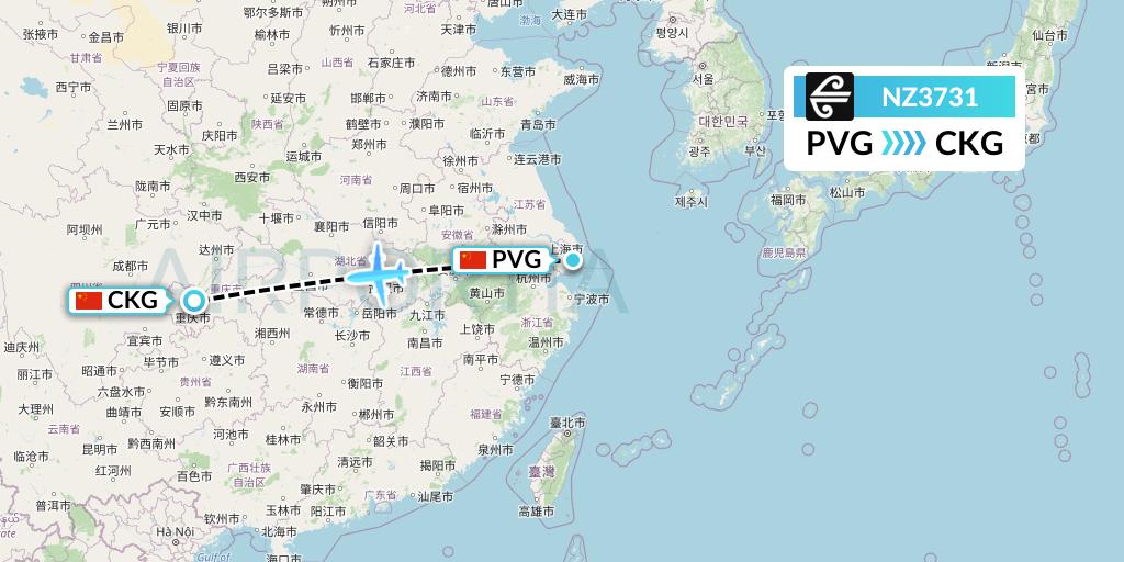 NZ3731 Air New Zealand Flight Map: Shanghai to Chongqing
