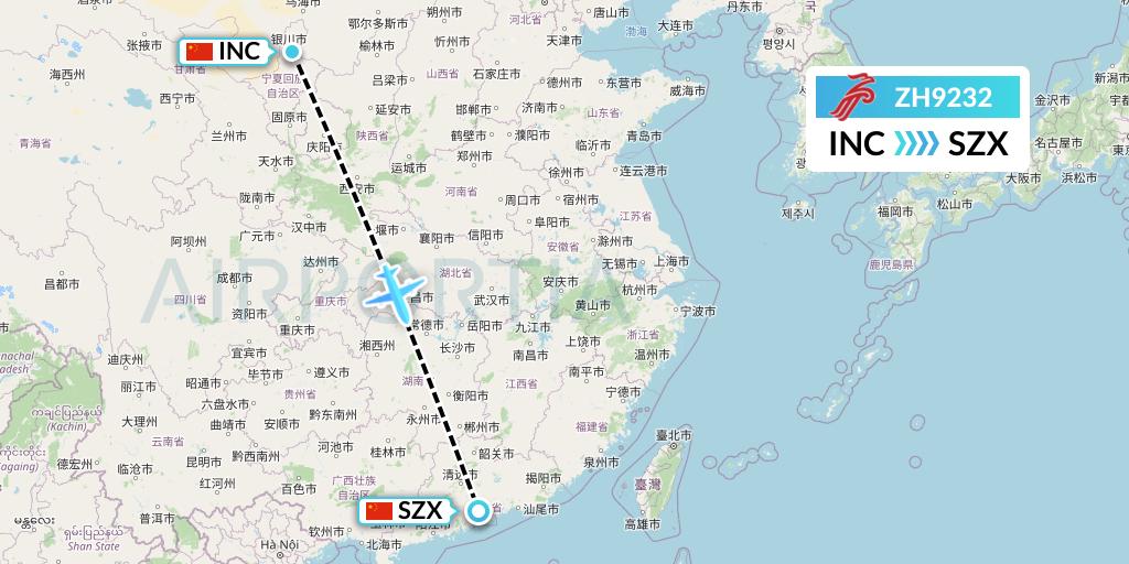 ZH9232 Shenzhen Airlines Flight Map: Yinchuan to Shenzhen