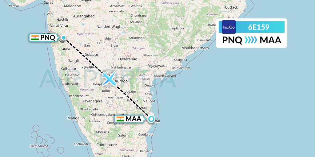 6E159 IndiGo Airlines Flight Map: Pune to Chennai