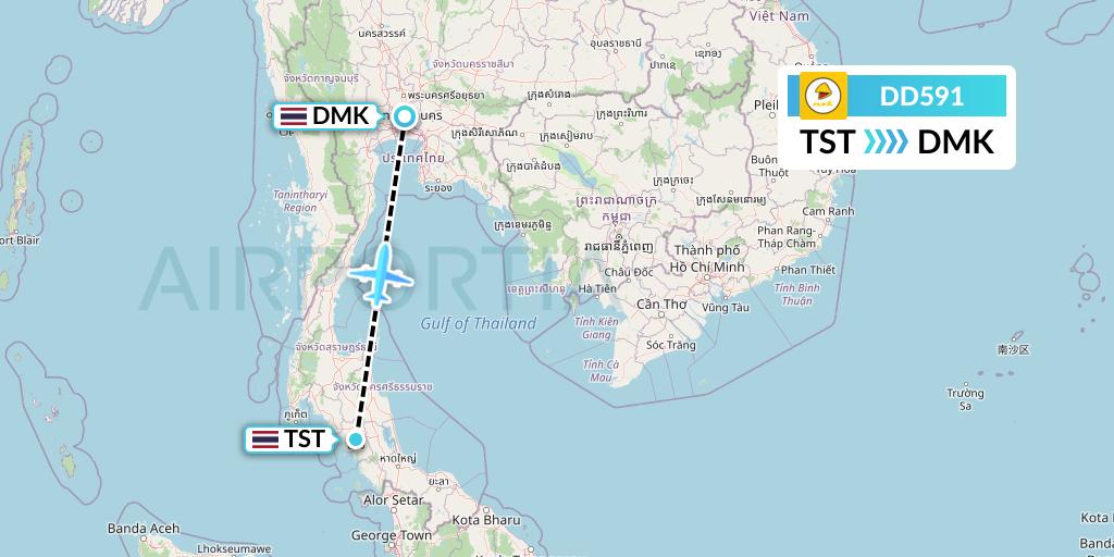 DD591 Nok Air Flight Map: Trang to Bangkok