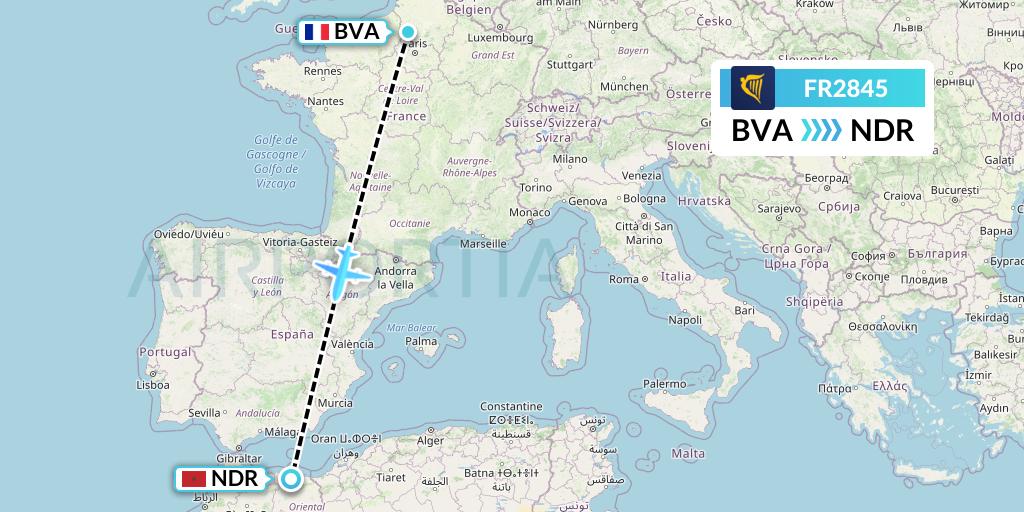FR2845 Ryanair Flight Map: Paris to Nador