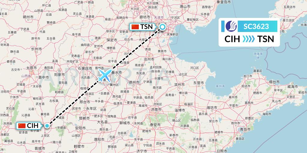 SC3623 Shandong Airlines Flight Map: Changzhi to Tianjin