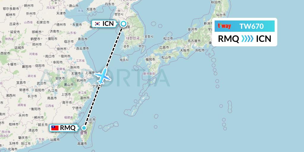 TW670 T'way Air Flight Map: Taichung to Seoul