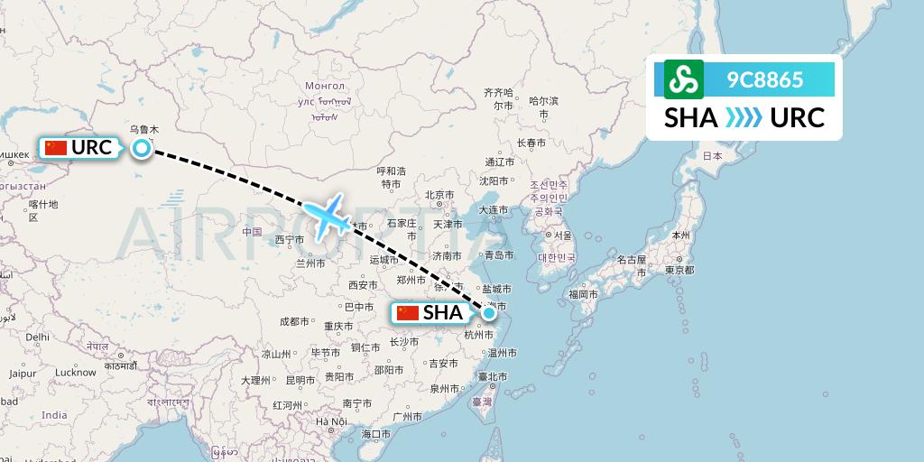9C8865 Spring Airlines Flight Map: Shanghai to Urumqi
