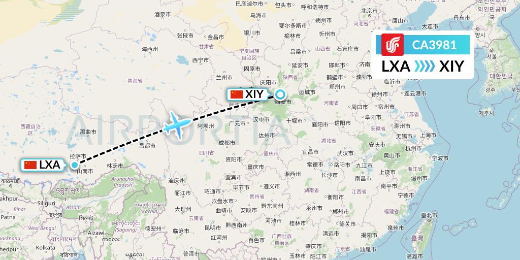 CA3981 Air China Flight Map: Lhasa to Xi'an