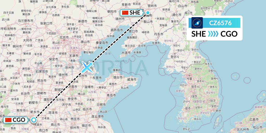 CZ6576 China Southern Airlines Flight Map: Shenyang to Zhengzhou