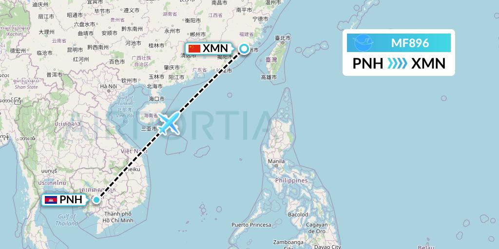 MF896 Xiamen Airlines Flight Map: Phnom Penh to Xiamen