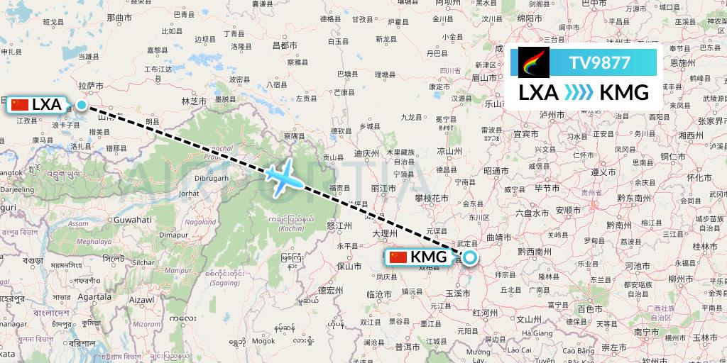 TV9877 Tibet Airlines Flight Map: Lhasa to Kunming