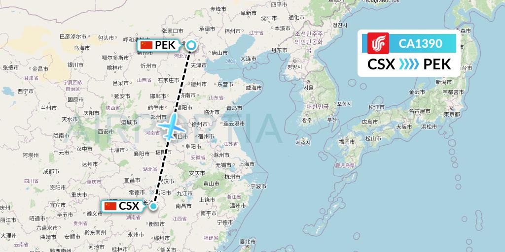 CA1390 Air China Flight Map: Changsha to Beijing