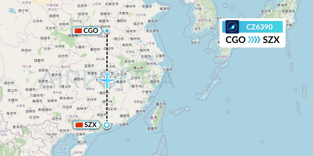 CZ6390 China Southern Airlines Flight Map: Zhengzhou to Shenzhen
