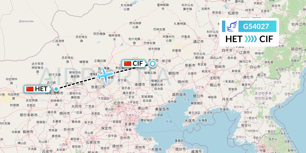 G54027 China Express Airlines Flight Map: Hohhot to Chifeng