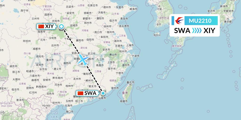 MU2210 China Eastern Airlines Flight Map: Jieyang to Xi'an