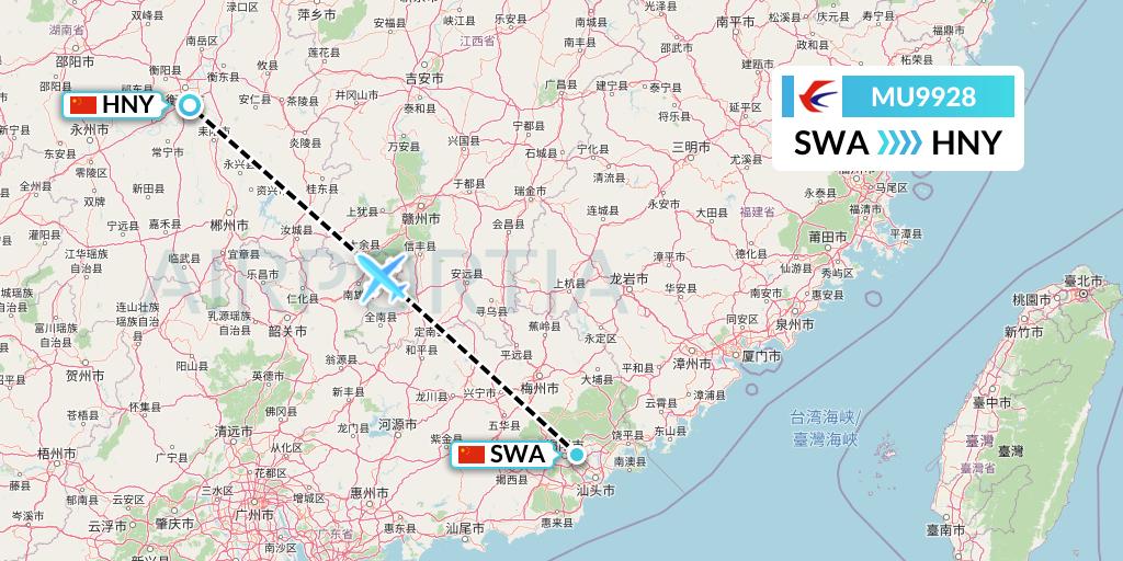 MU9928 China Eastern Airlines Flight Map: Jieyang to Hengyang