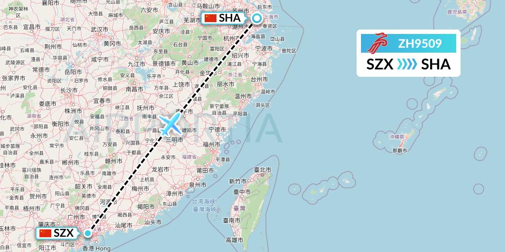 ZH9509 Shenzhen Airlines Flight Map: Shenzhen to Shanghai