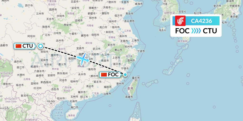 CA4236 Air China Flight Map: Fuzhou to Chengdu