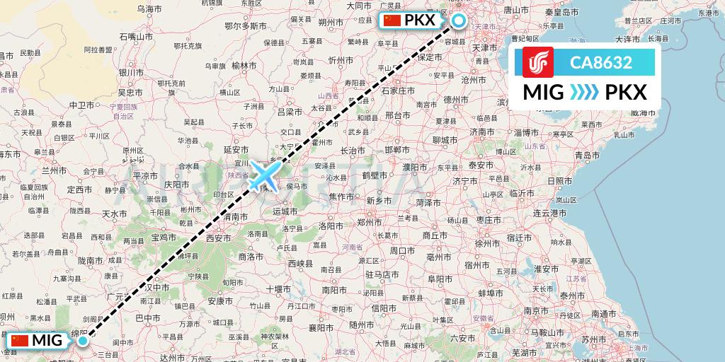 CA8632 Air China Flight Map: Mianyang to Beijing