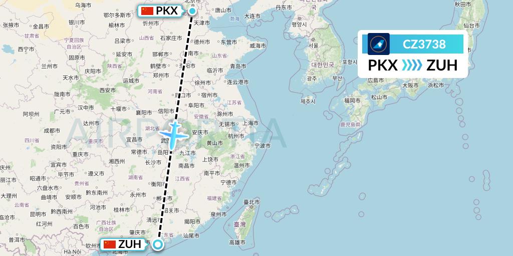 CZ3738 China Southern Airlines Flight Map: Beijing to Zhuhai