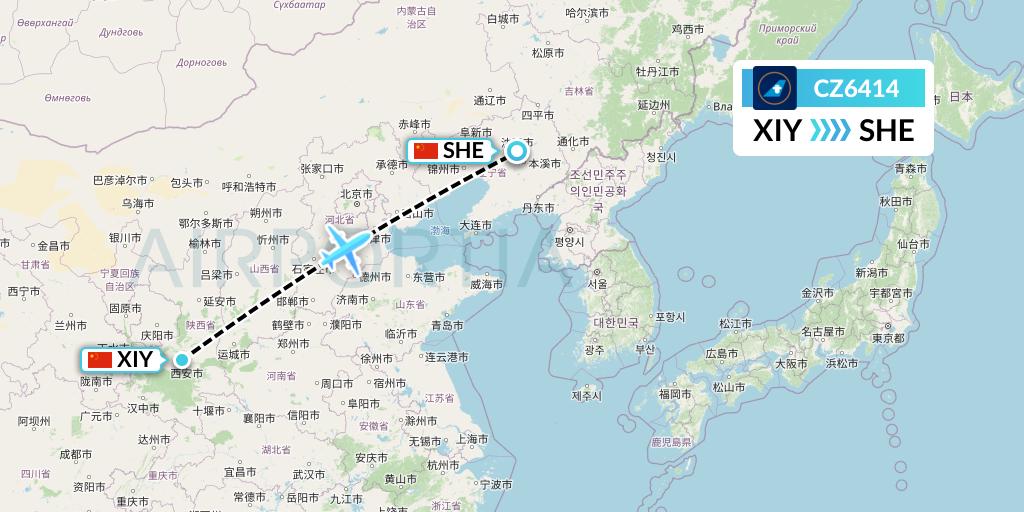 CZ6414 China Southern Airlines Flight Map: Xi'an to Shenyang