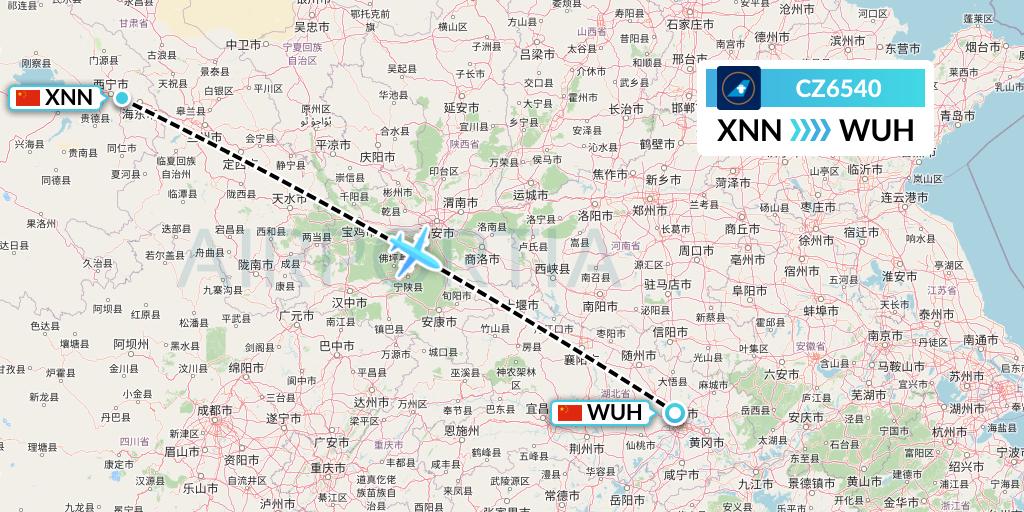CZ6540 China Southern Airlines Flight Map: Xining to Wuhan
