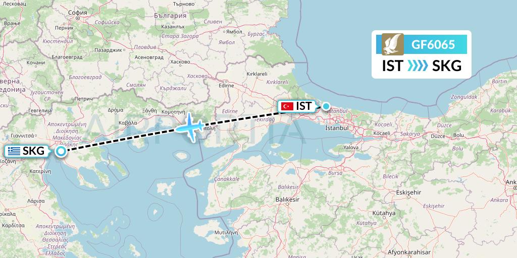 GF6065 Gulf Air Flight Map: Istanbul to Thessaloniki