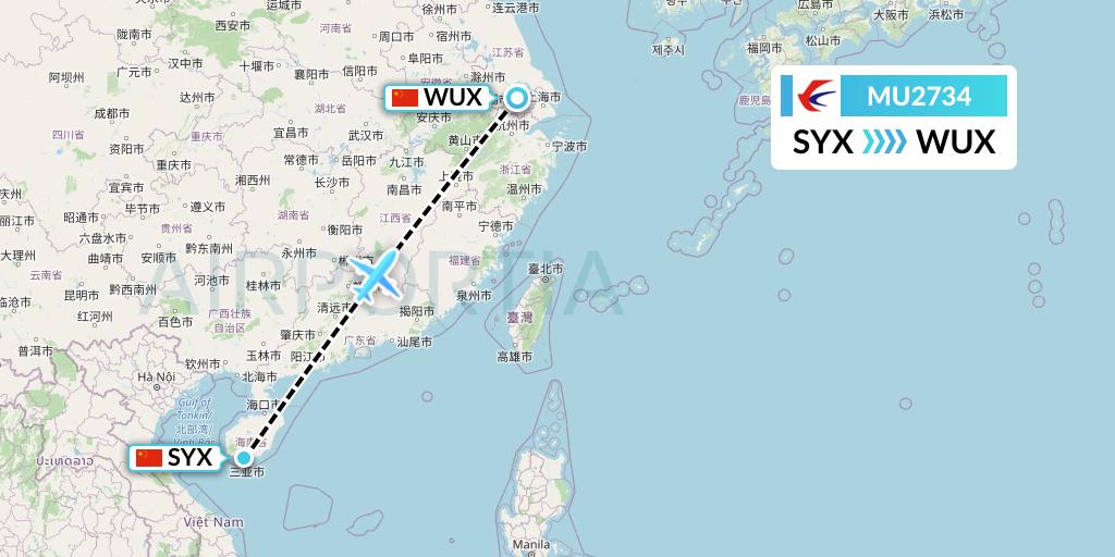 MU2734 China Eastern Airlines Flight Map: Sanya to Wuxi