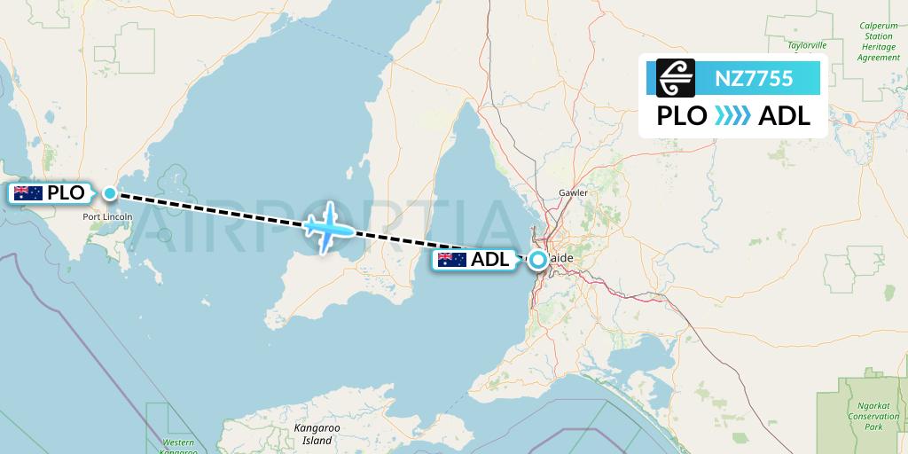 NZ7755 Air New Zealand Flight Map: Port Lincoln to Adelaide