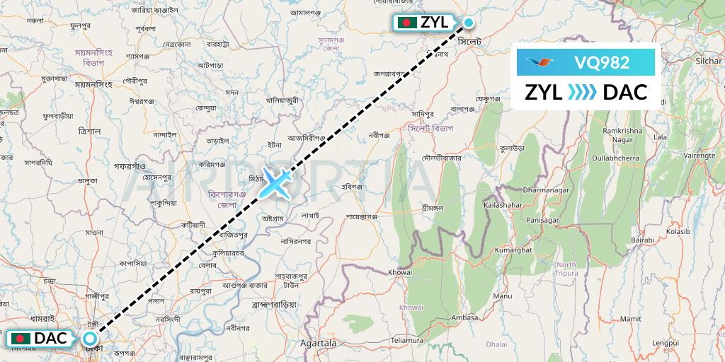 VQ982 Novoair Flight Map: Sylhet to Dhaka