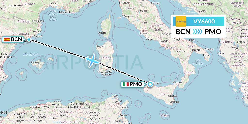 VY6600 Vueling Flight Map: Barcelona to Palermo
