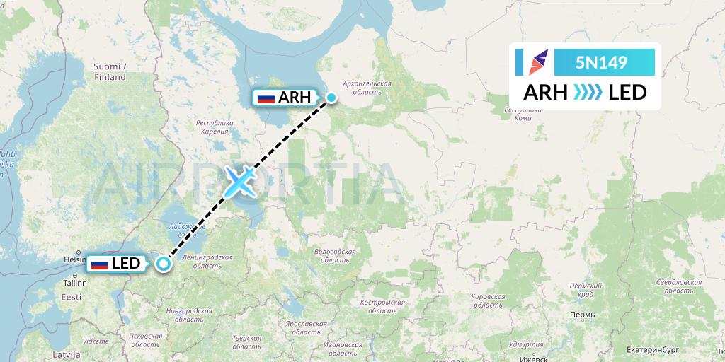5N149 Nordavia Flight Map: Arkhangelsk to St. Petersburg